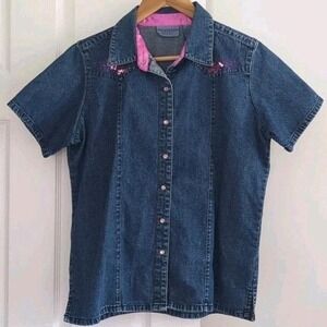VTG Wrangler Short Sleeve Denim Pearl Snap Shirt Women's M Pink Sequins Western